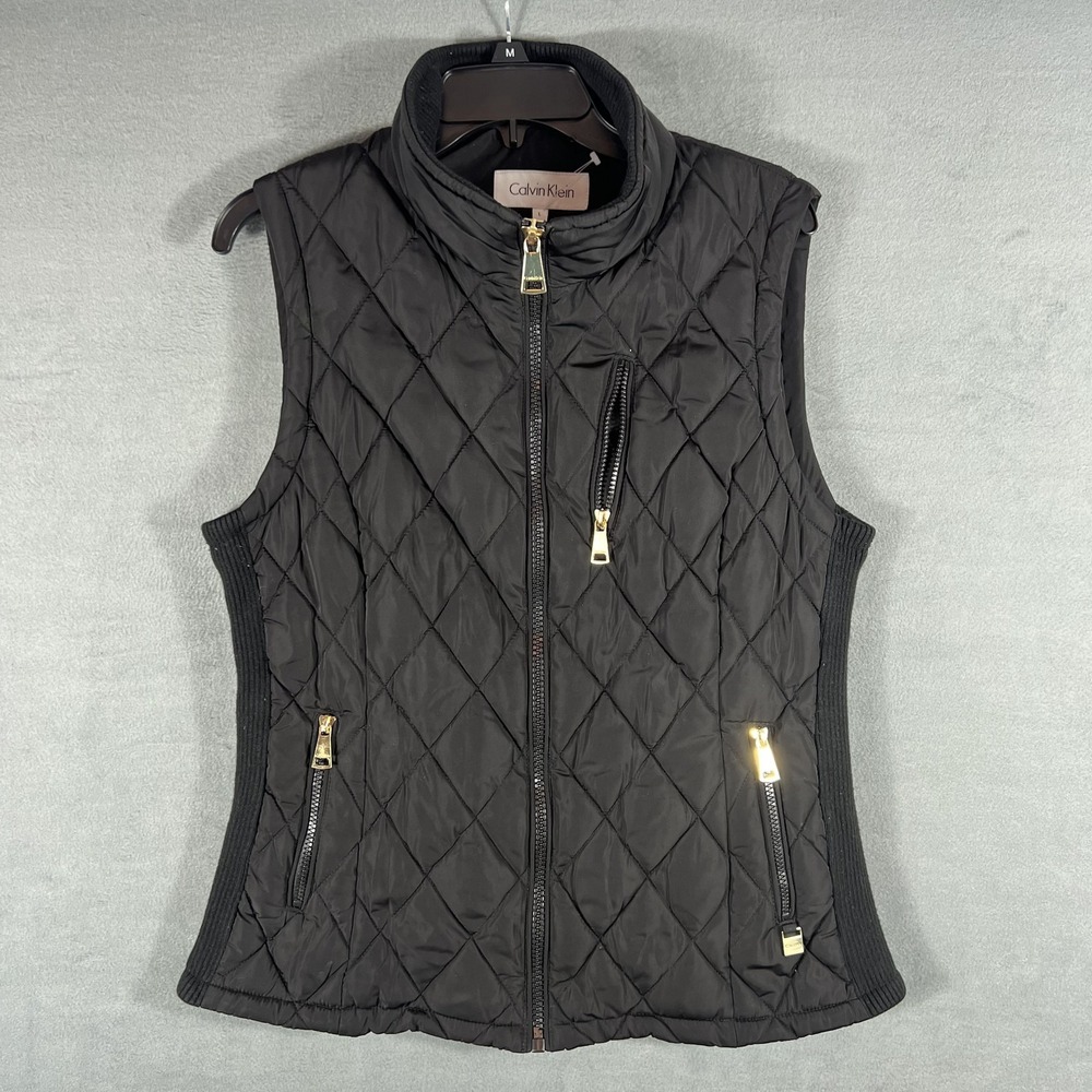 Calvin Klein Women's Black Quilted Full Zip Vest Gold Hardware Size L